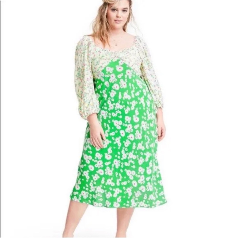 Rixo × Target Mixed Floral Puff Sleeve Swing Midi Dress Pink/Green Sz 20W/22W